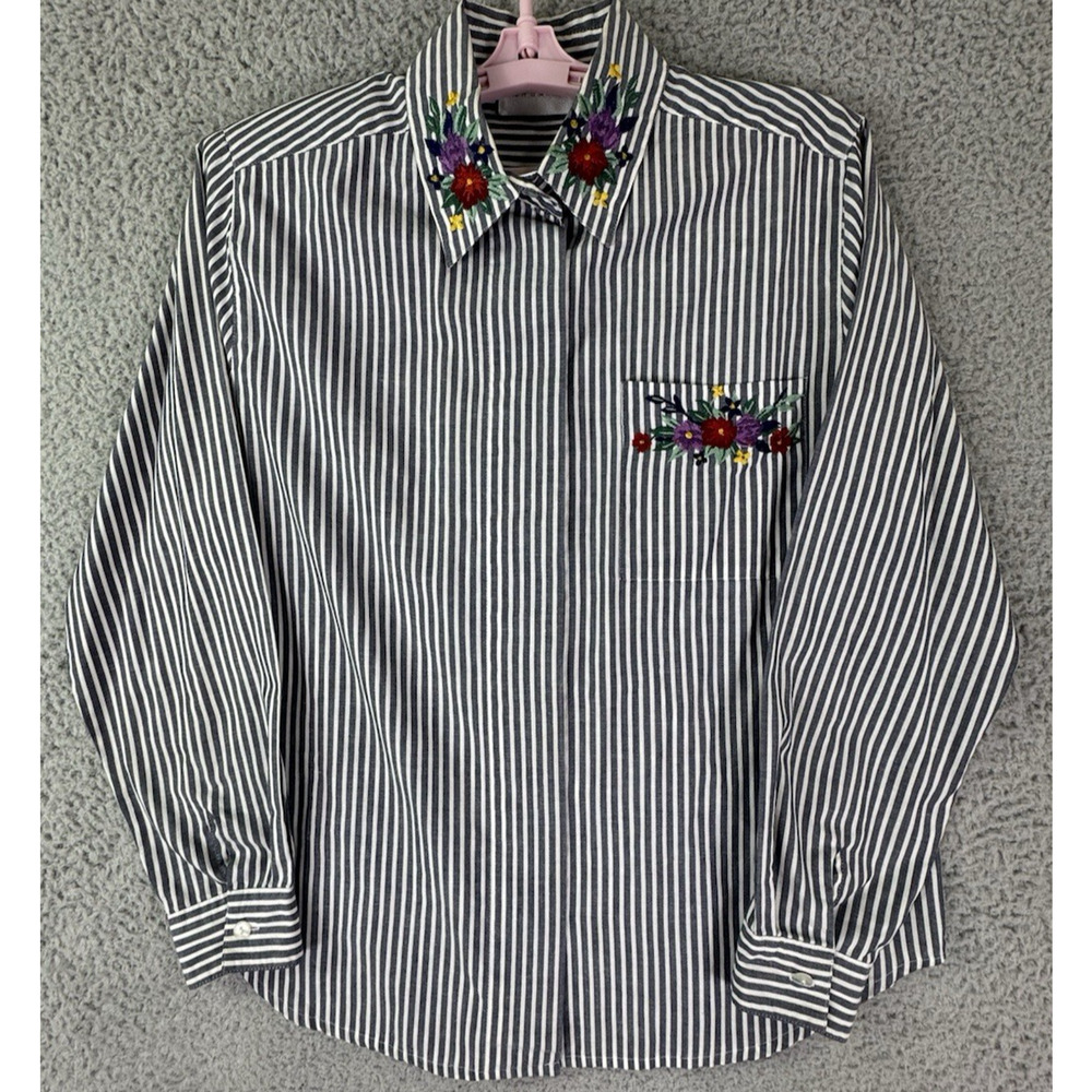 Highgate Ltd Blouse Women 8 Striped Floral Embroidered Button Up Boho